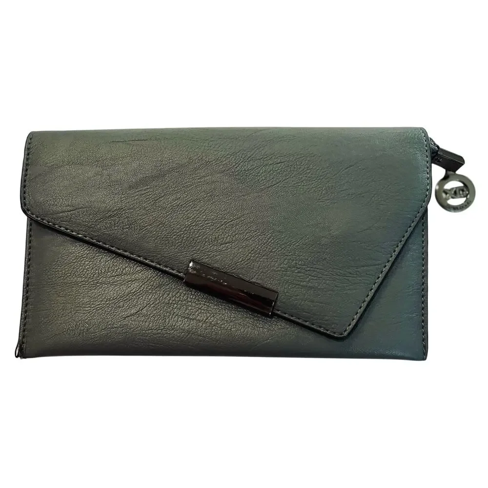 Authentic Xuan Dong Designer Gray Leather Asymmetrical Envelope Clutch Wallet